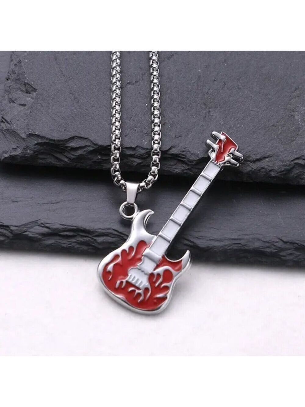 Emerald Green Flaming Guitar with White Neck Rocker Necklace and Pendant 1559 - Picture 9 of 16